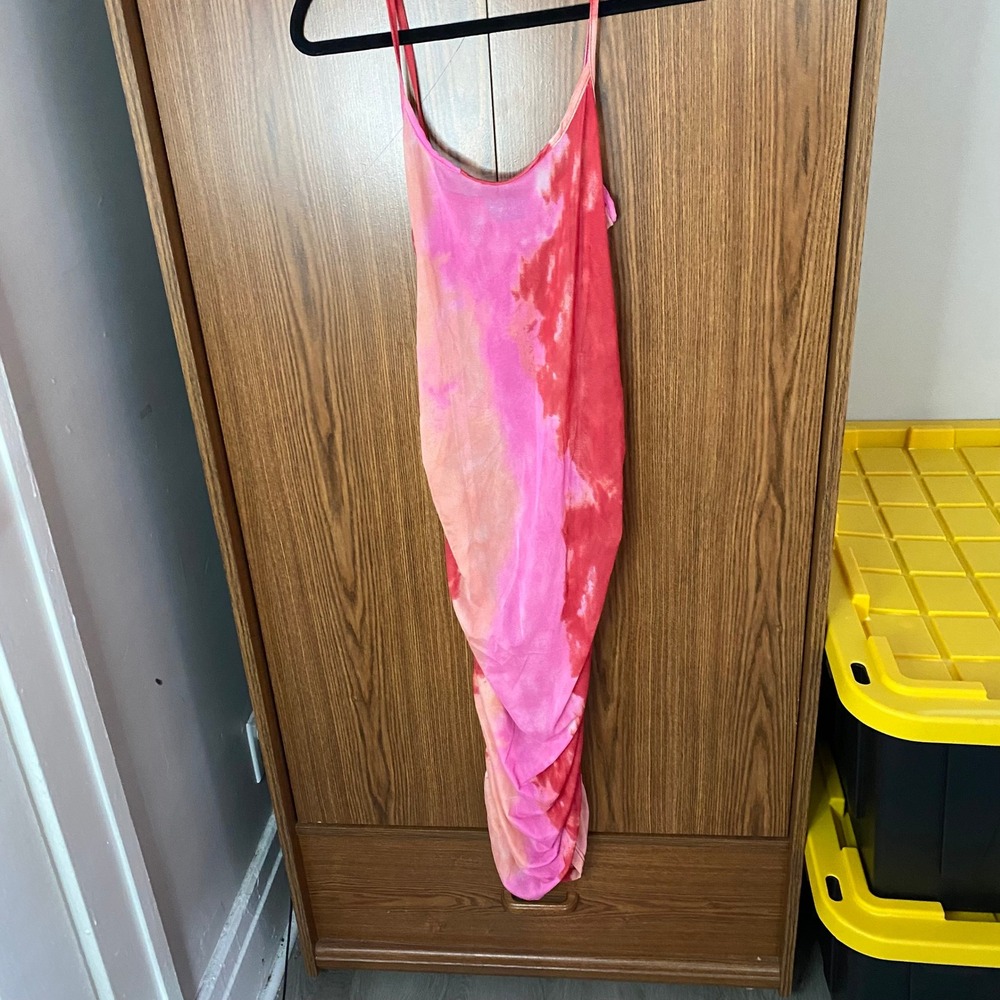 Objex Tie Dye Mesh Midi Dress Women Size L Pink Orange Ruched Bodycon Festival